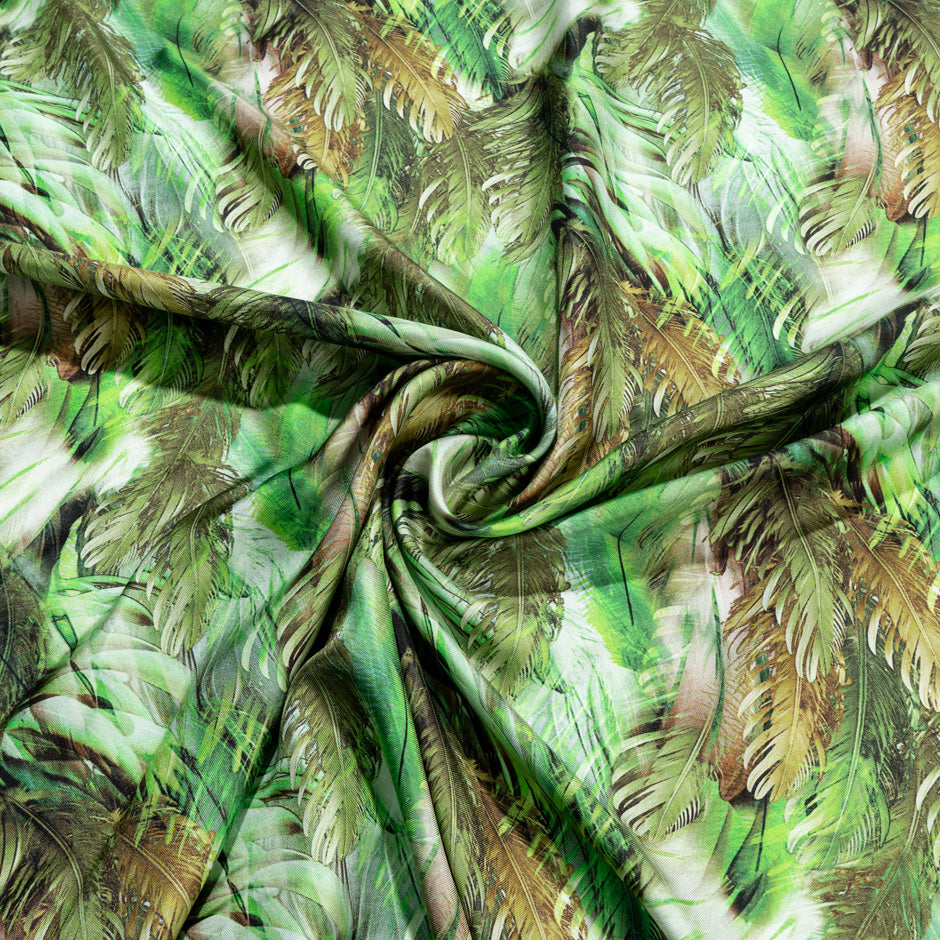 Green & Brown Feathered Leaf Printed Silk Twill (A 2.70m Piece)