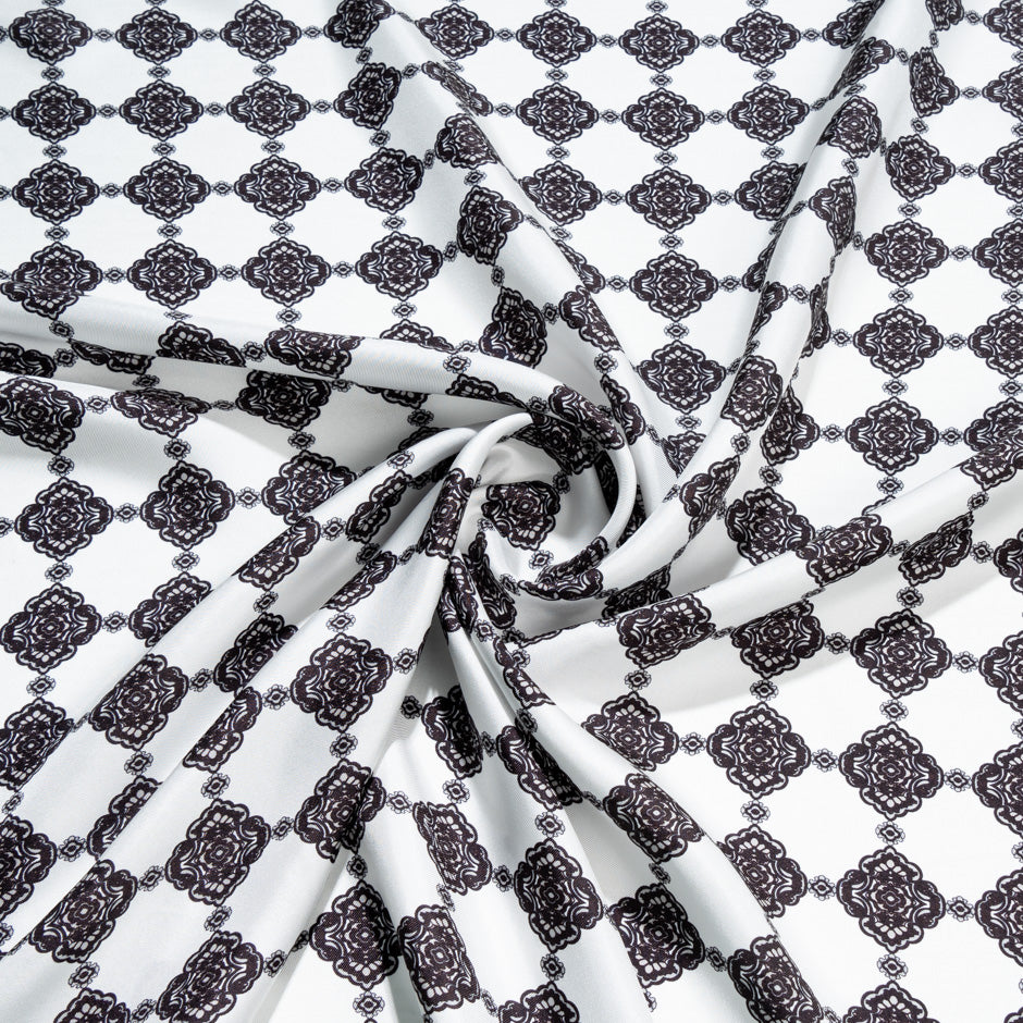 Black Geo Printed White Pure Silk Twill