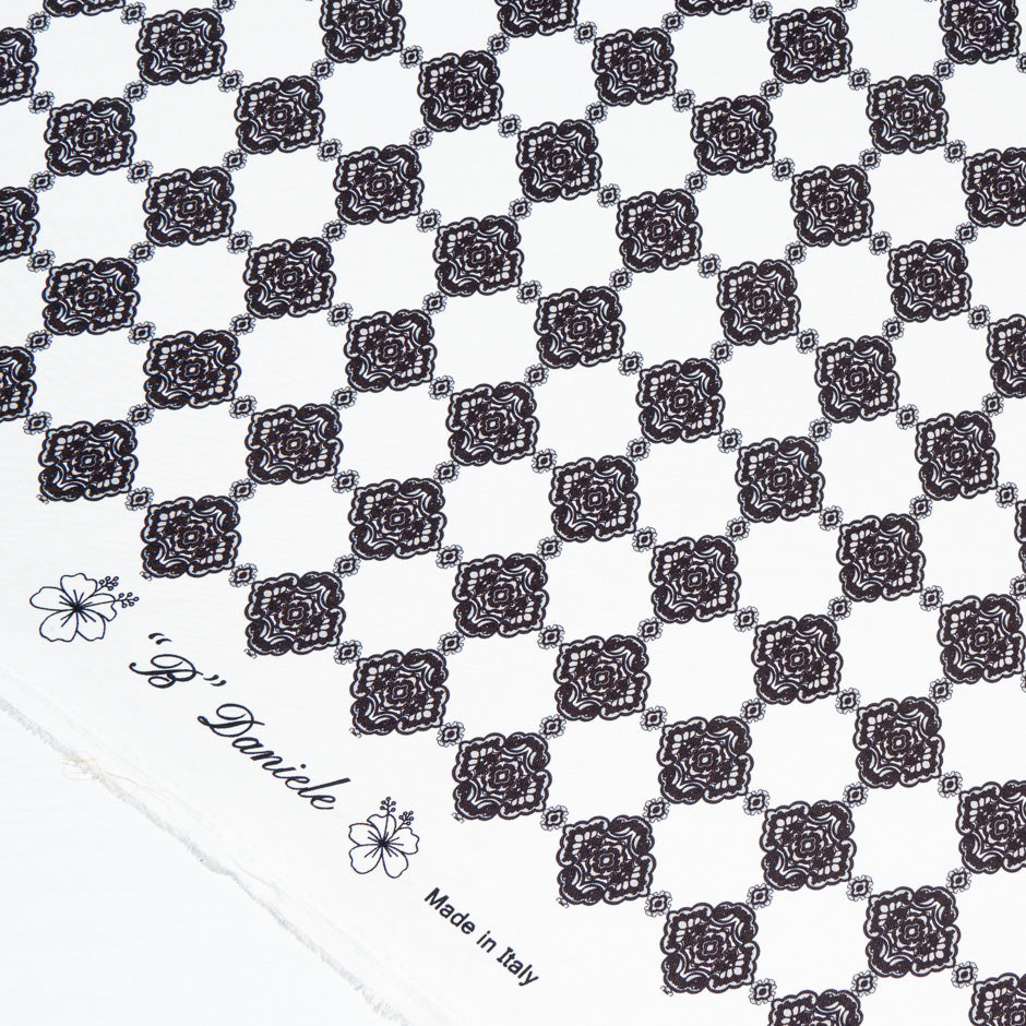 Black Geo Printed White Pure Silk Twill