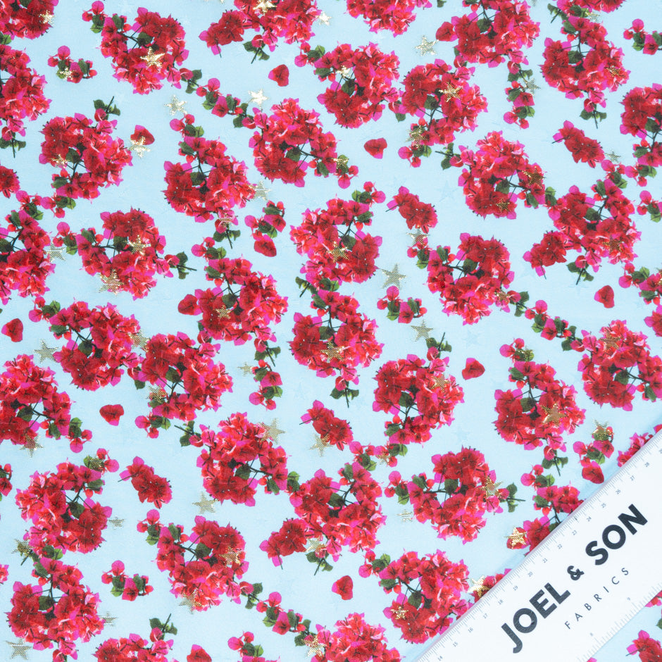 Fuchsia Pink Floral Printed Baby Blue Silk Jacquard