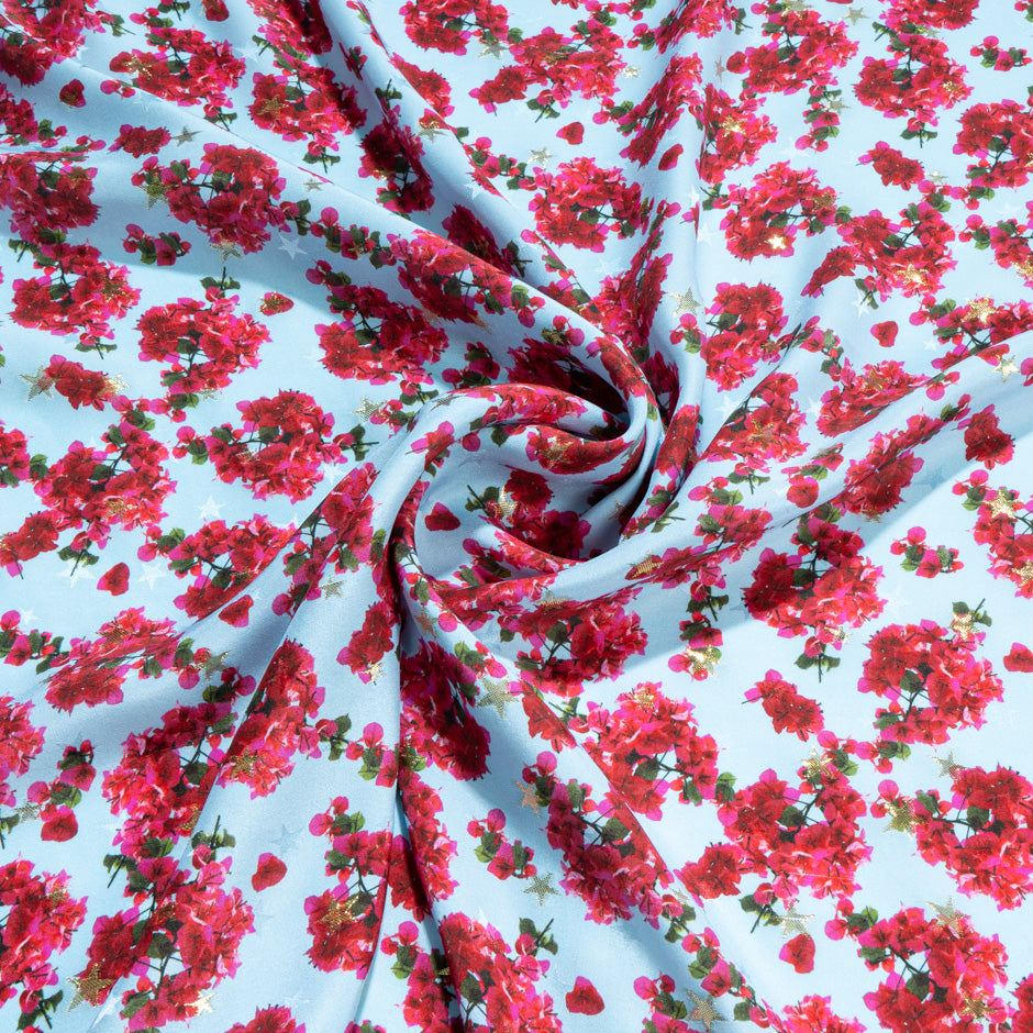 Fuchsia Pink Floral Printed Baby Blue Silk Jacquard