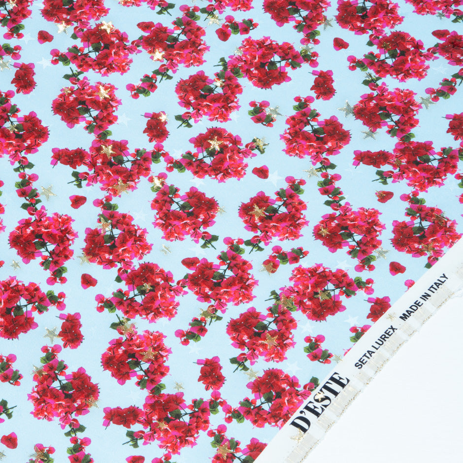 Fuchsia Pink Floral Printed Baby Blue Silk Jacquard