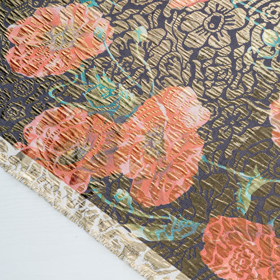 Poppy Printed Ink Blue Silk Metallic Jacquard