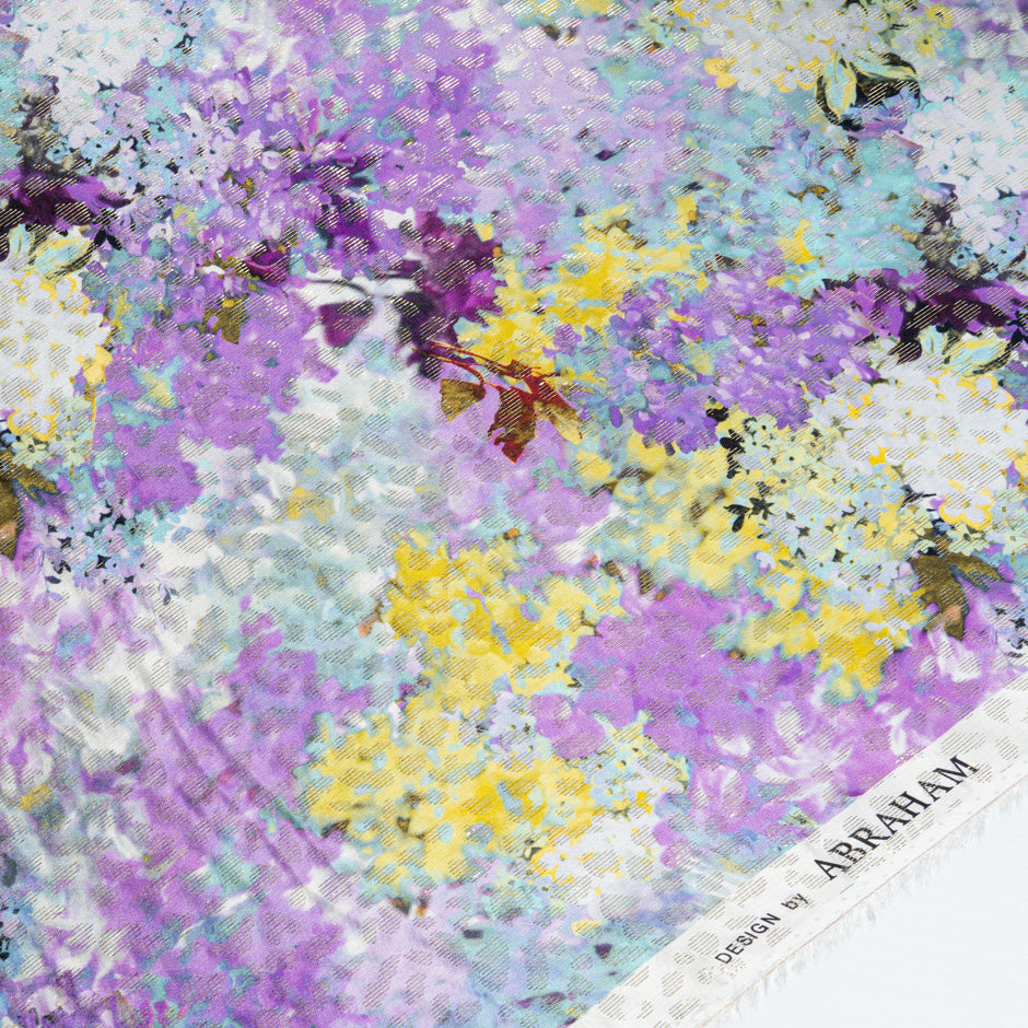 Abstract Floral Printed Silk Metallic Cloqué