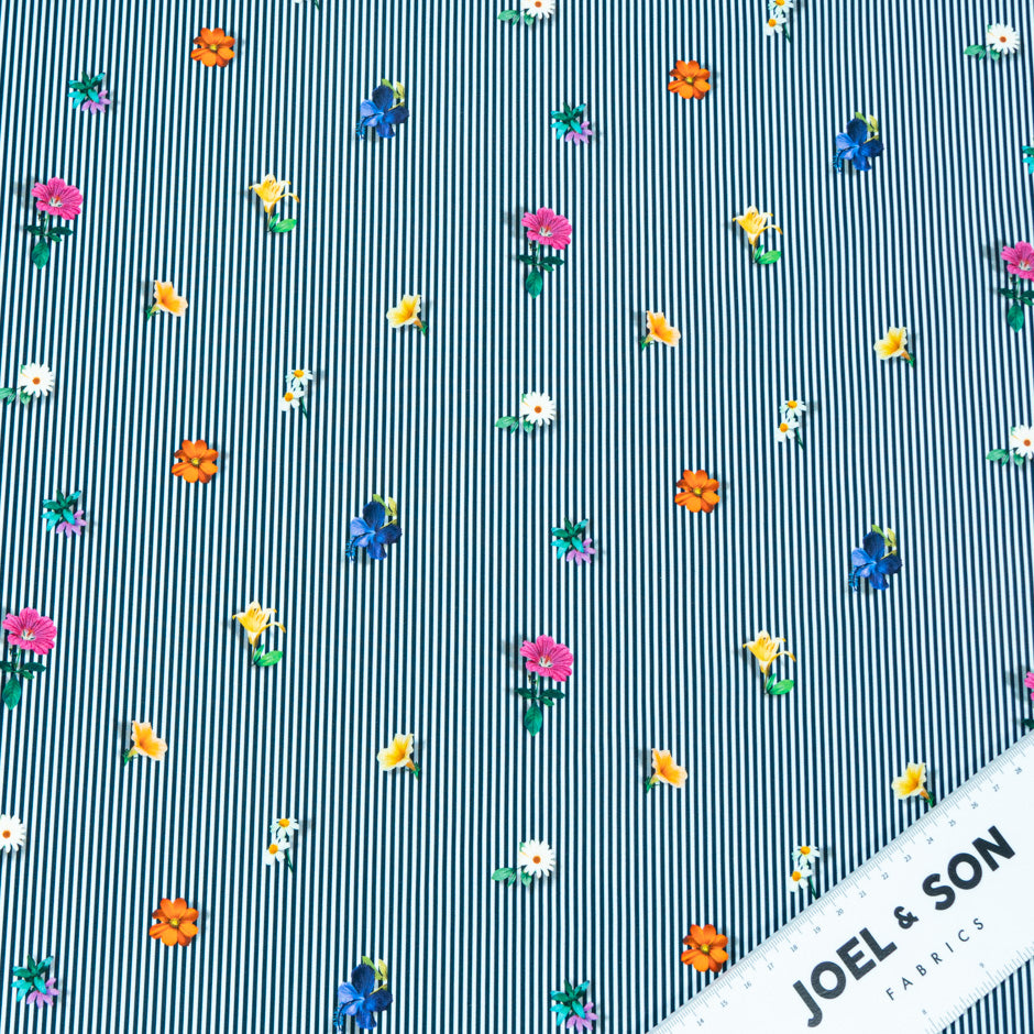 Floral Printed Navy Blue Striped Pure Cotton