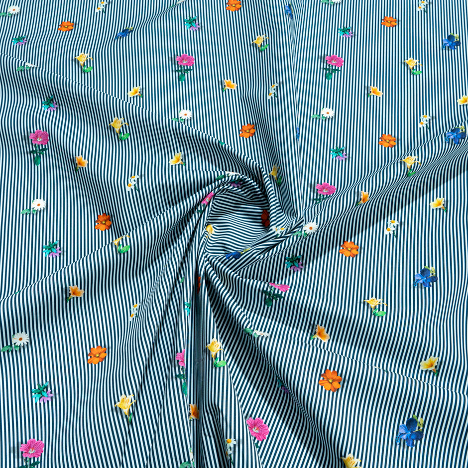Floral Printed Navy Blue Striped Pure Cotton