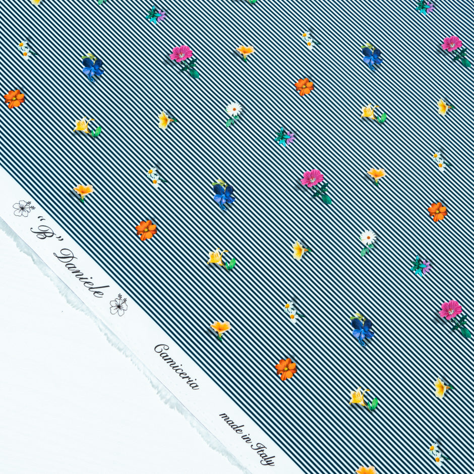 Floral Printed Navy Blue Striped Pure Cotton