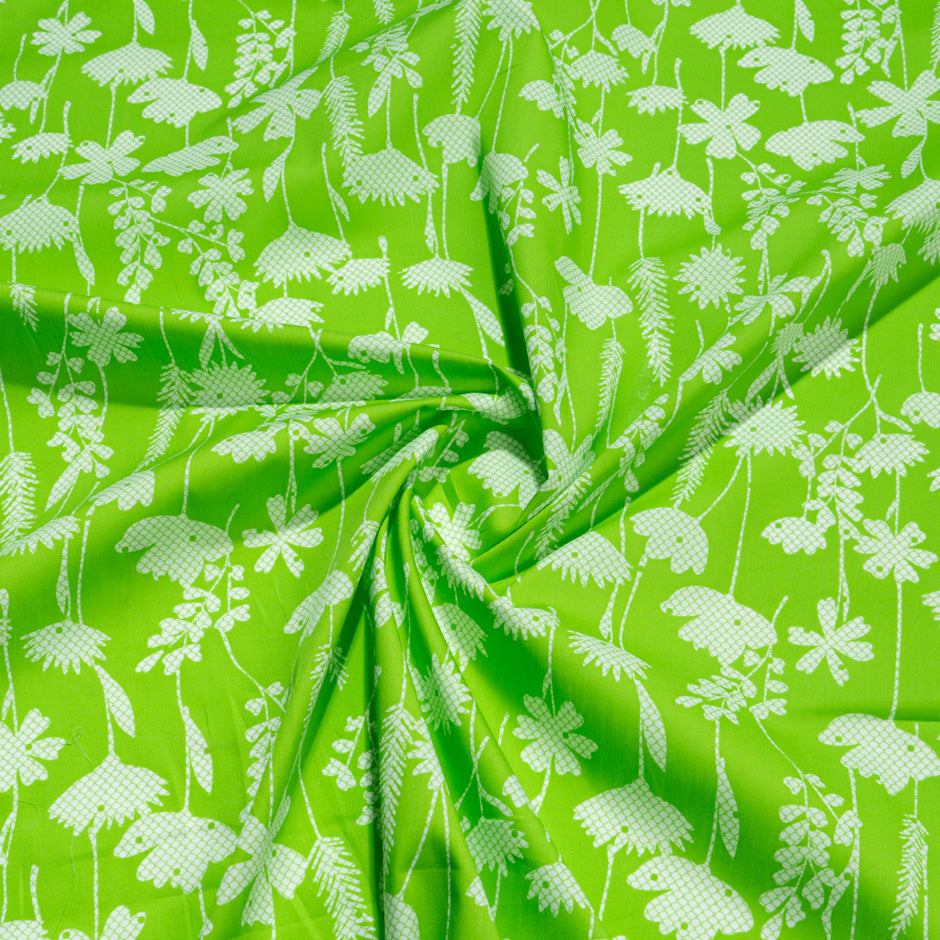 White Floral Printed Apple Green Cotton