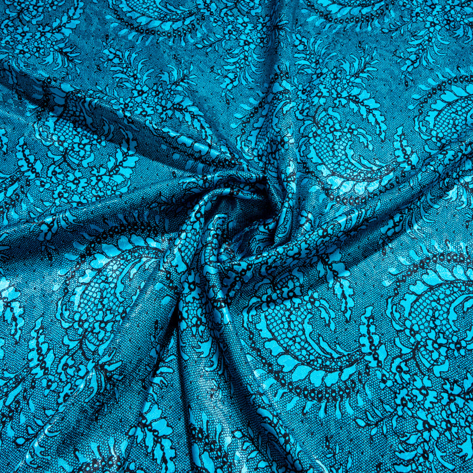 Black Lace Printed Turquoise Silk Jacquard (A 2.45m Piece)