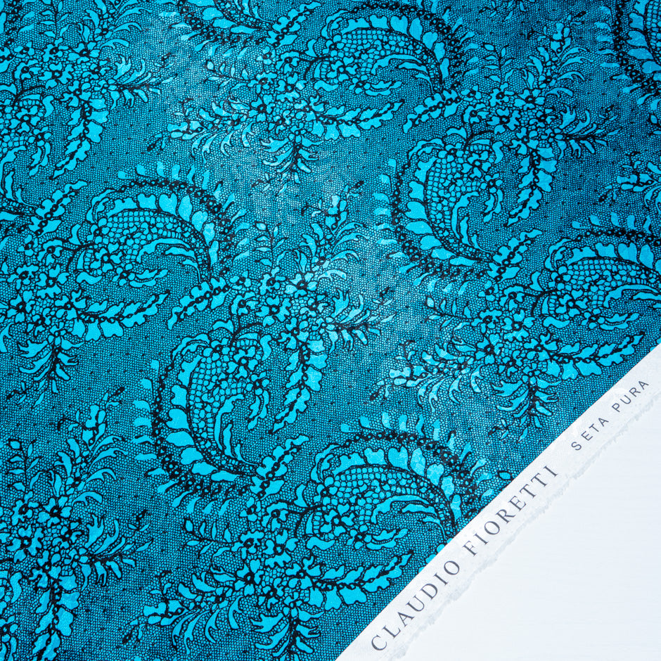 Black Lace Printed Turquoise Silk Jacquard (A 2.45m Piece)