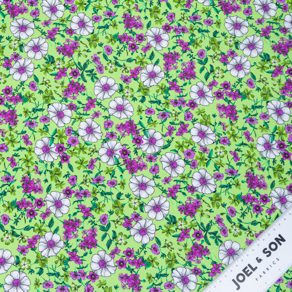 Magenta Floral Printed Green Silk Crêpe de Chine