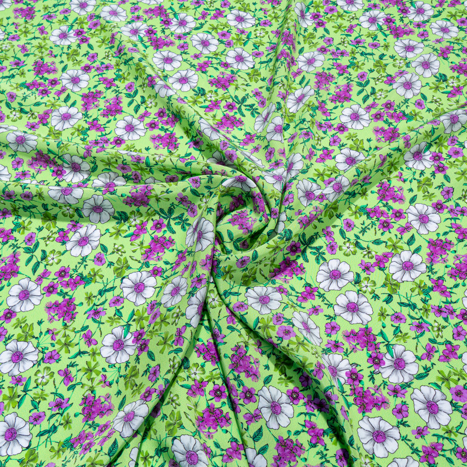 Magenta Floral Printed Green Silk Crêpe de Chine