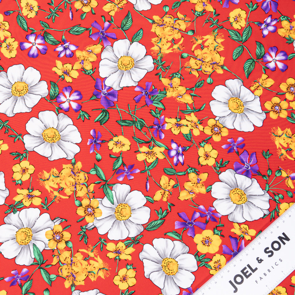 Floral Printed Rich Red Silk Crêpe de Chine