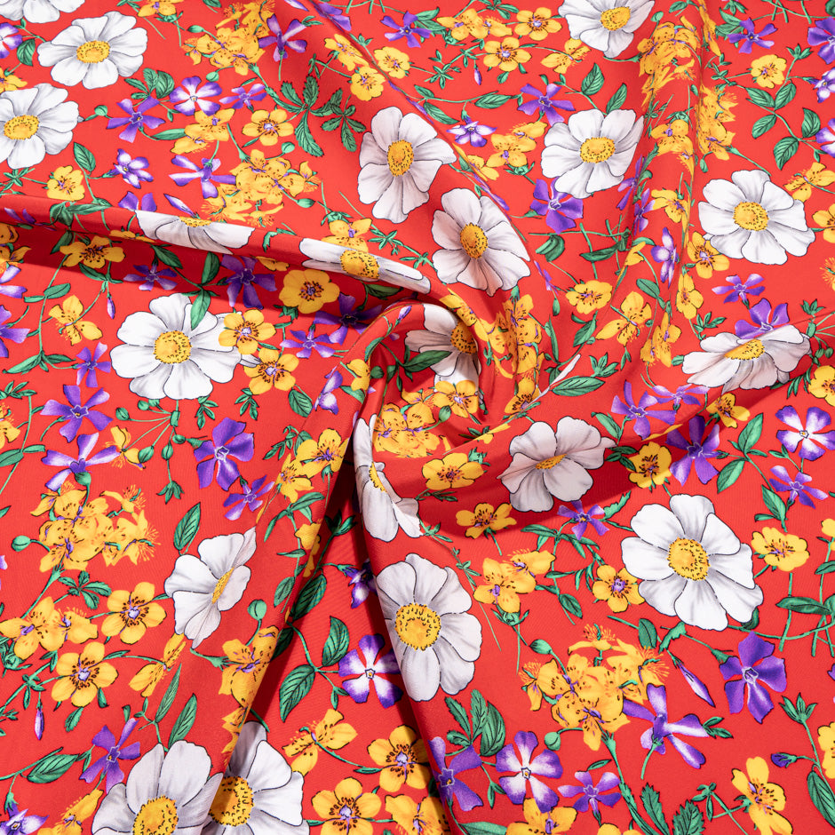 Floral Printed Rich Red Silk Crêpe de Chine