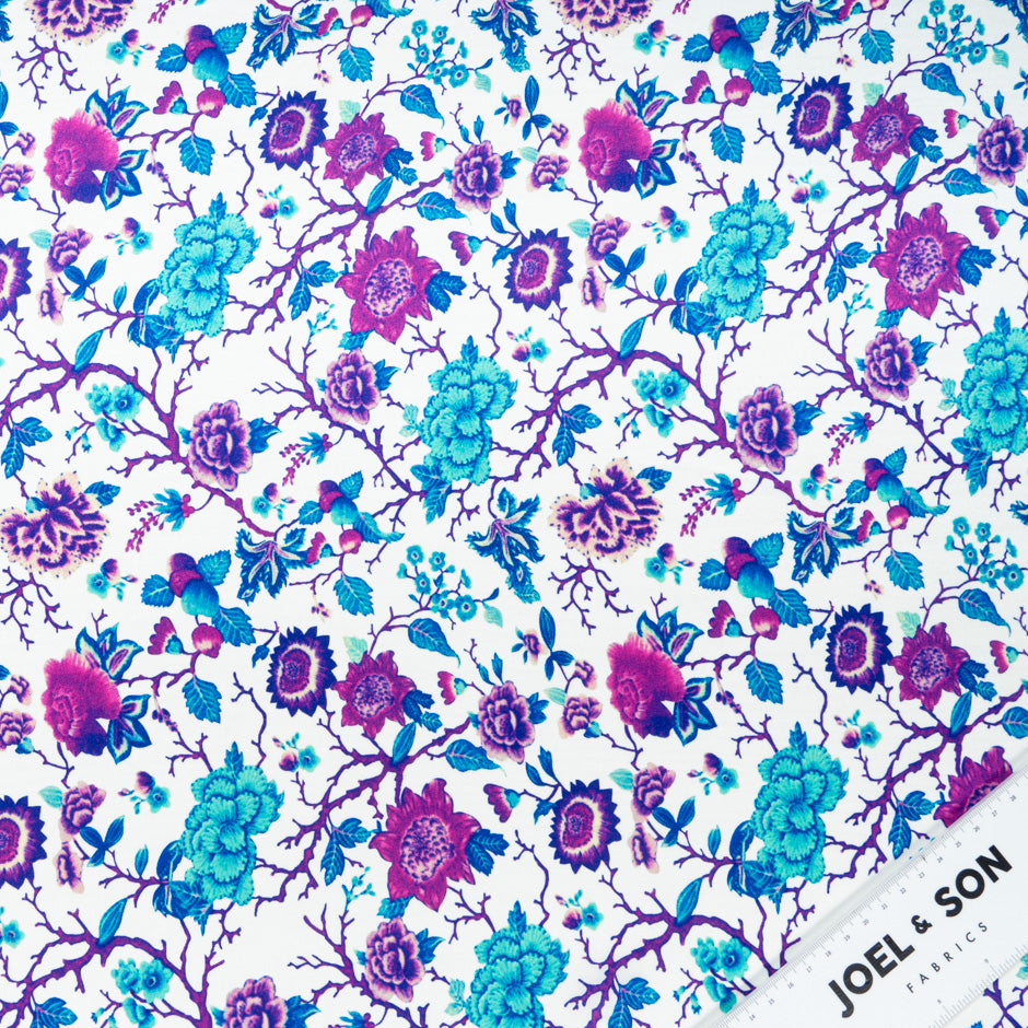 Blue & Purple Floral Printed White Silk Satin