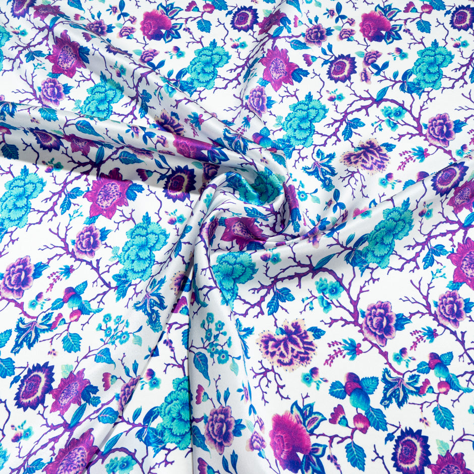 Blue & Purple Floral Printed White Silk Satin
