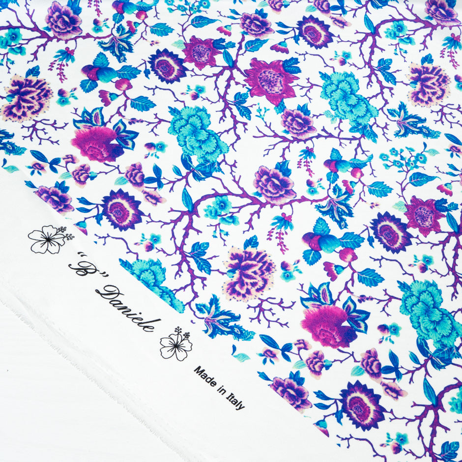 Blue & Purple Floral Printed White Silk Satin