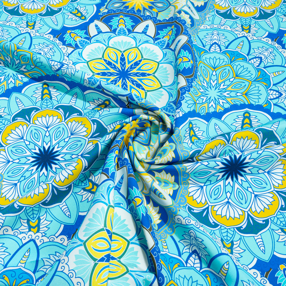 Blue & Yellow Geometric Floral Printed Silk Crêpe
