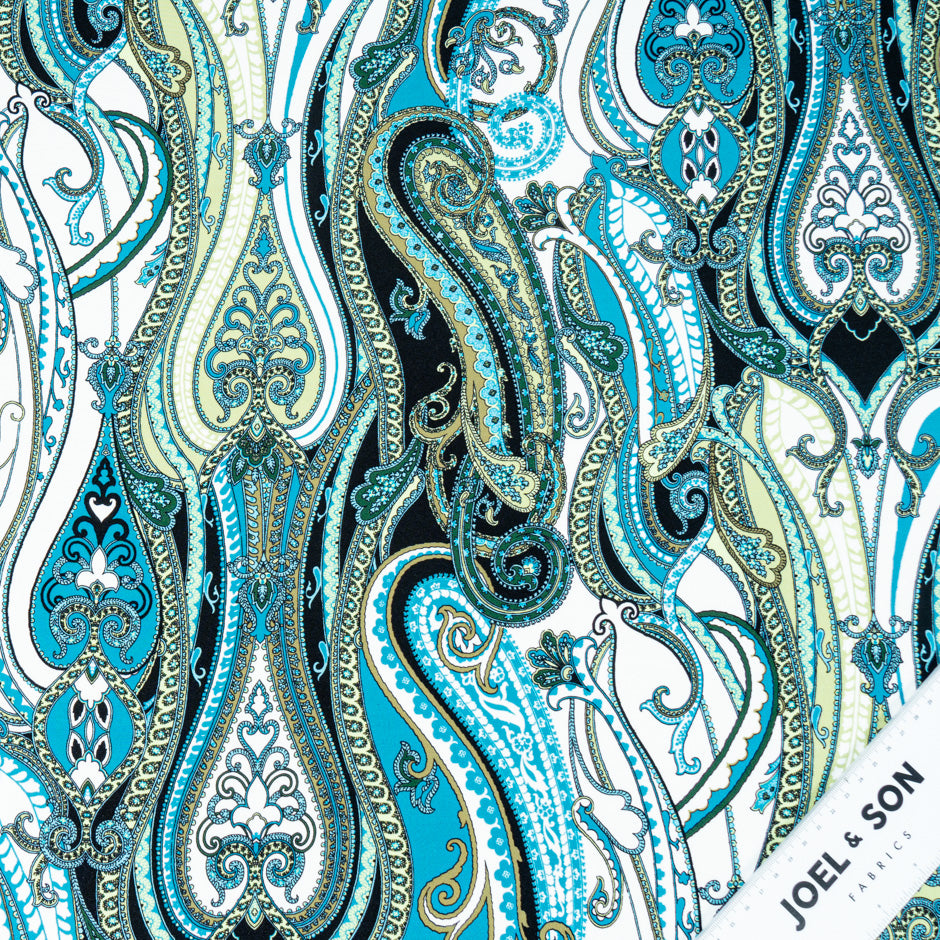 Teal Blue & Green Paisley Printed Pure Silk Crêpe