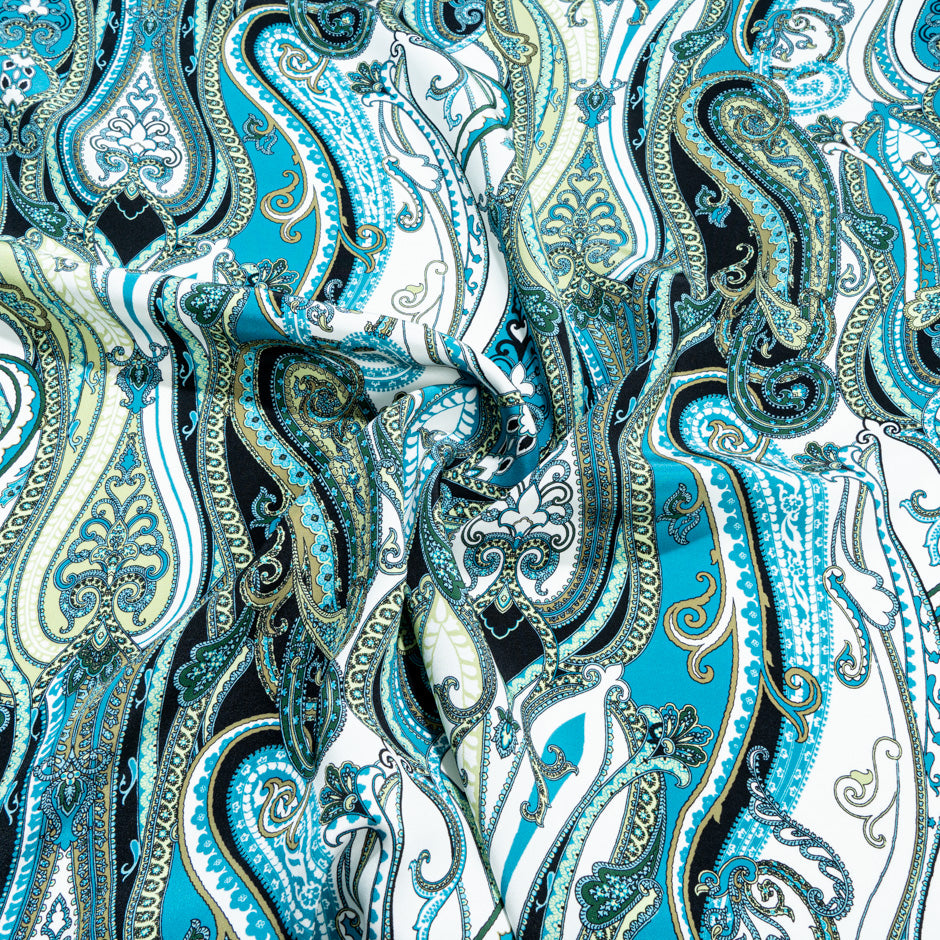 Teal Blue & Green Paisley Printed Pure Silk Crêpe