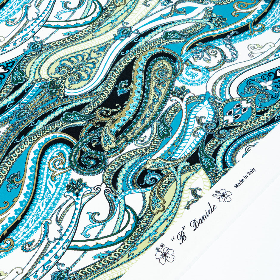 Teal Blue & Green Paisley Printed Pure Silk Crêpe