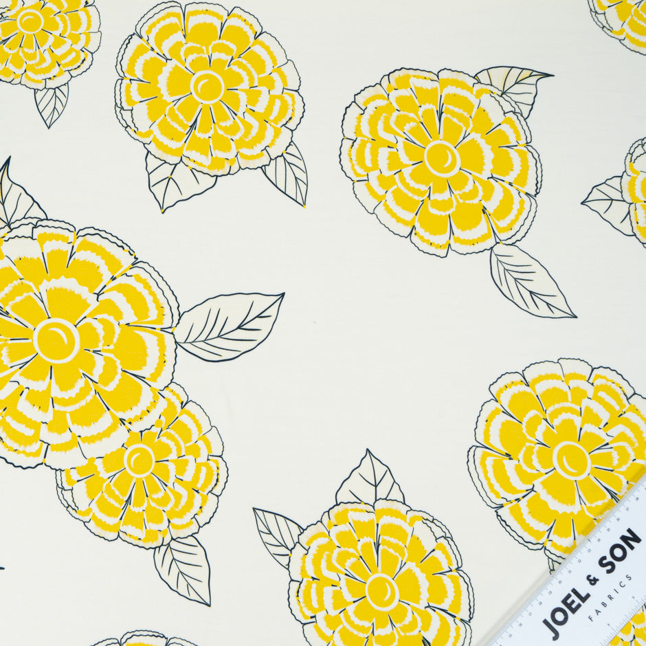Yellow Floral Printed Cream Silk Marocain Crêpe (A 1.40m Piece)