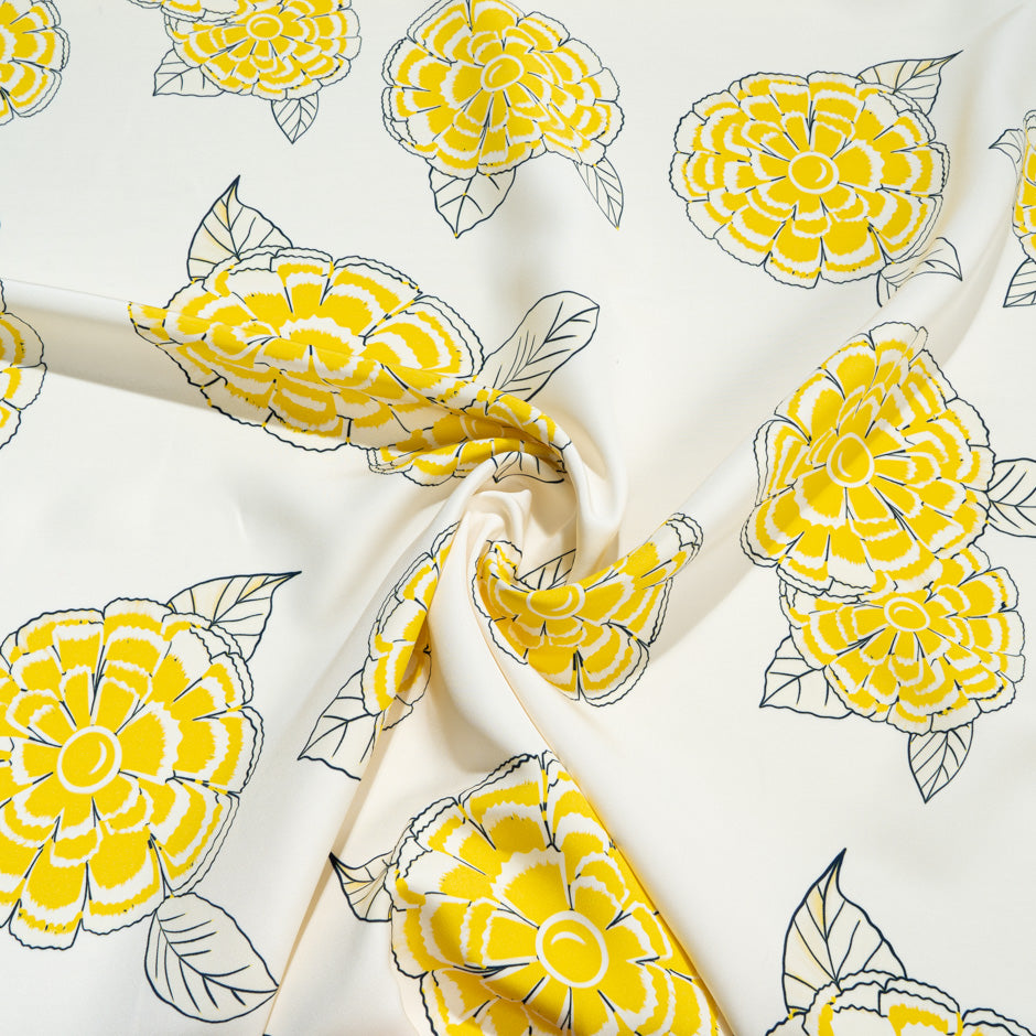 Yellow Floral Printed Cream Silk Marocain Crêpe (A 1.40m Piece)