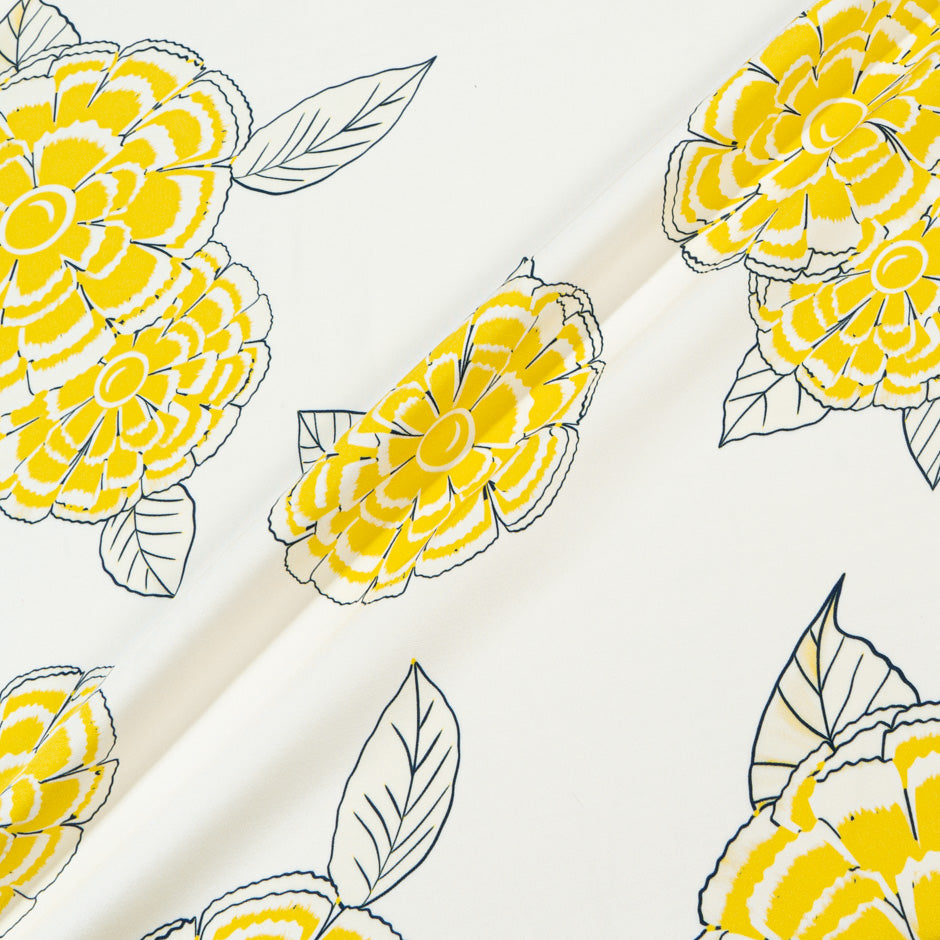 Yellow Floral Printed Cream Silk Marocain Crêpe (A 1.40m Piece)