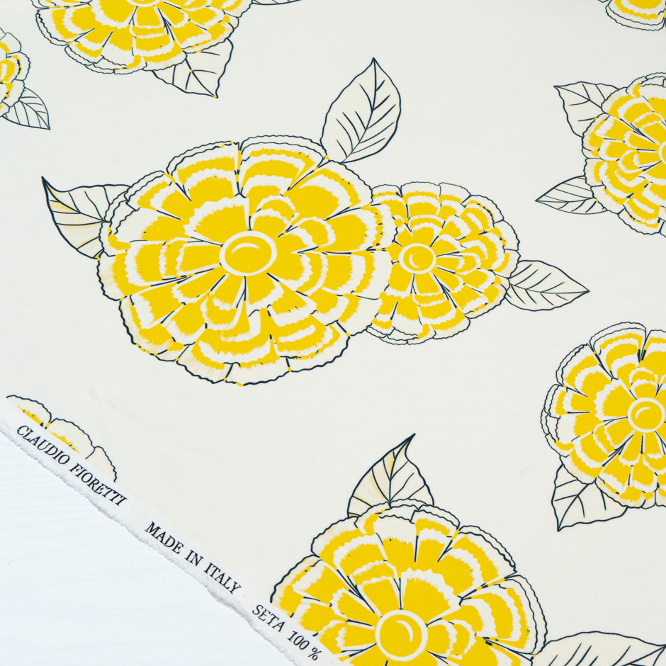 Yellow Floral Printed Cream Silk Marocain Crêpe (A 1.40m Piece)
