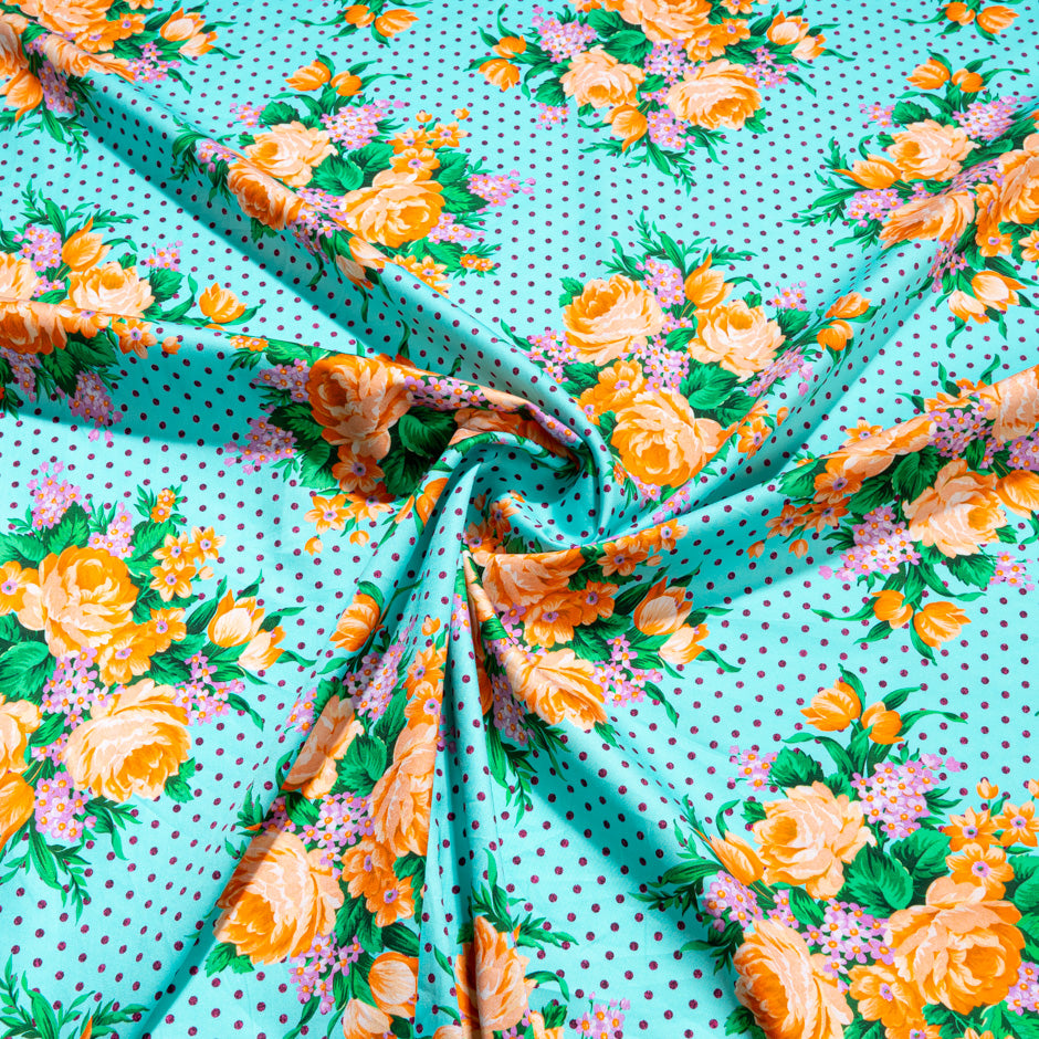 Bouquet Floral Printed Turquoise Pure Cotton (A 2.30m Piece)