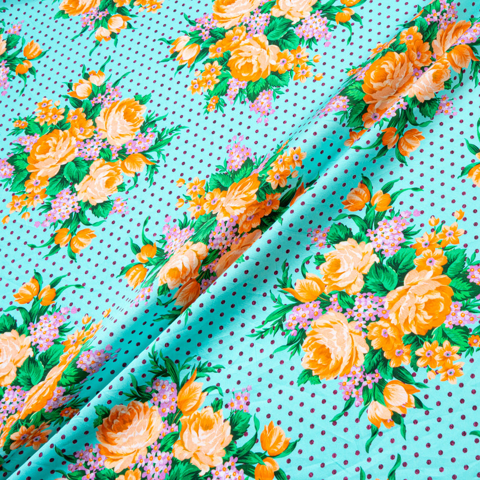 Bouquet Floral Printed Turquoise Pure Cotton (A 2.30m Piece)