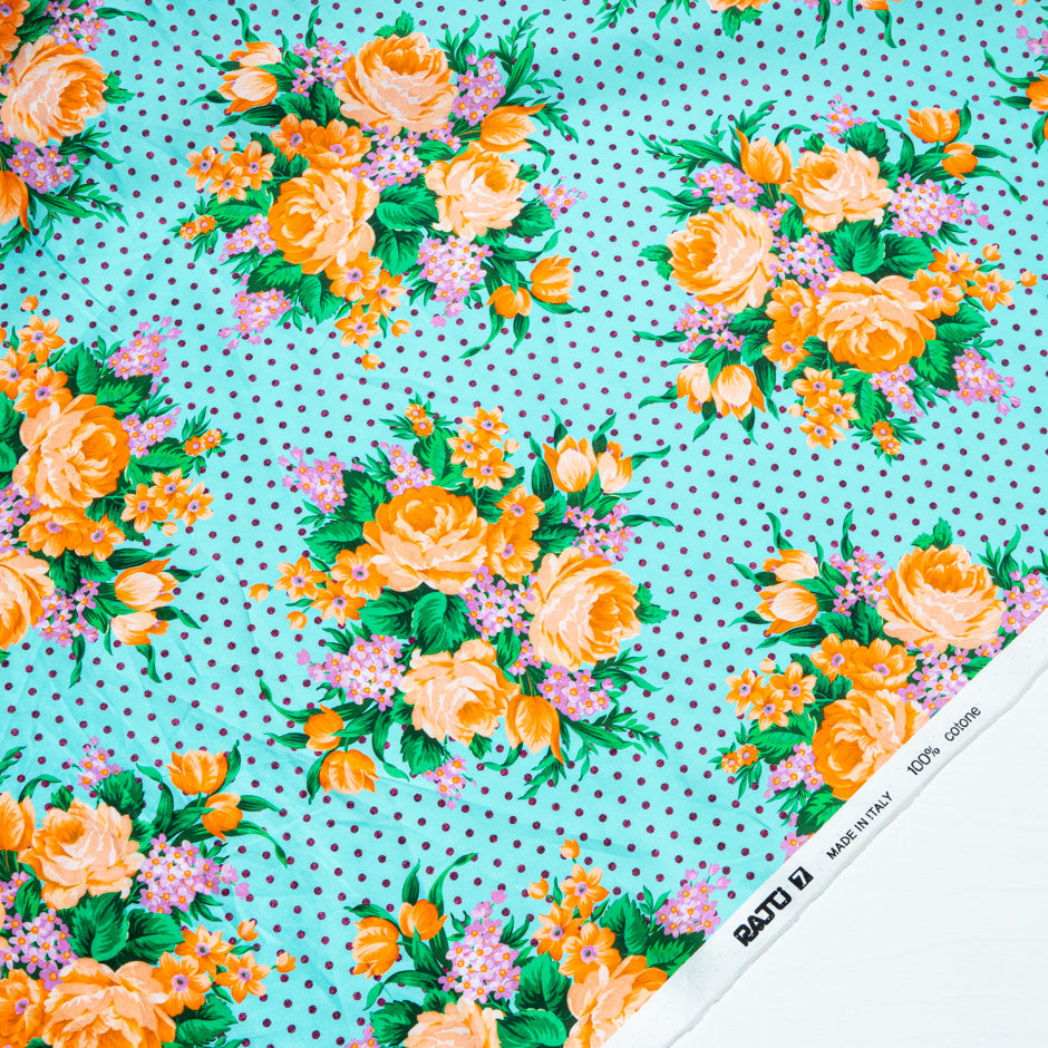 Bouquet Floral Printed Turquoise Pure Cotton (A 2.30m Piece)