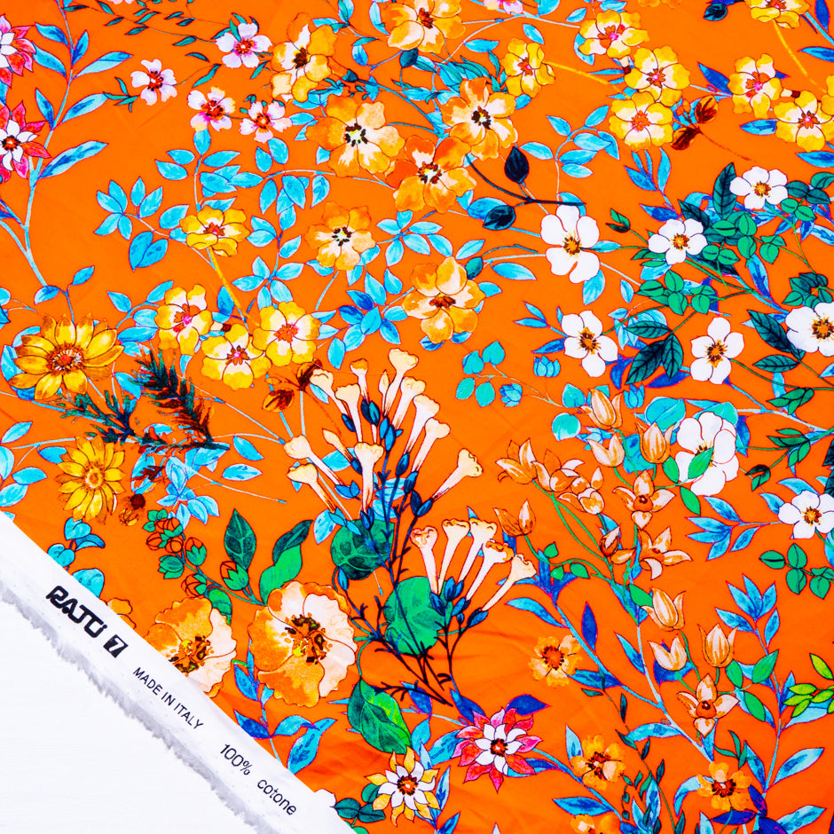 Multi Floral Printed Deep Orange Pure Cotton (A 1.50m Piece)