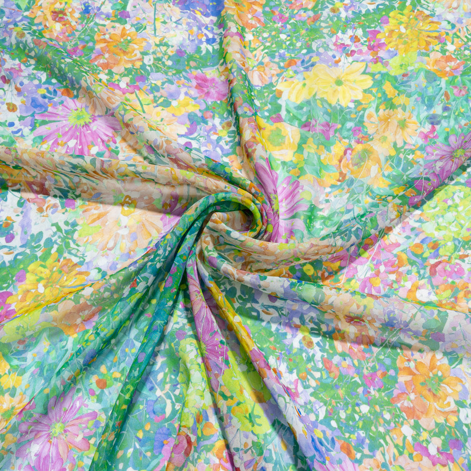 Multi Abstract Floral Printed Green Pure Silk Georgette