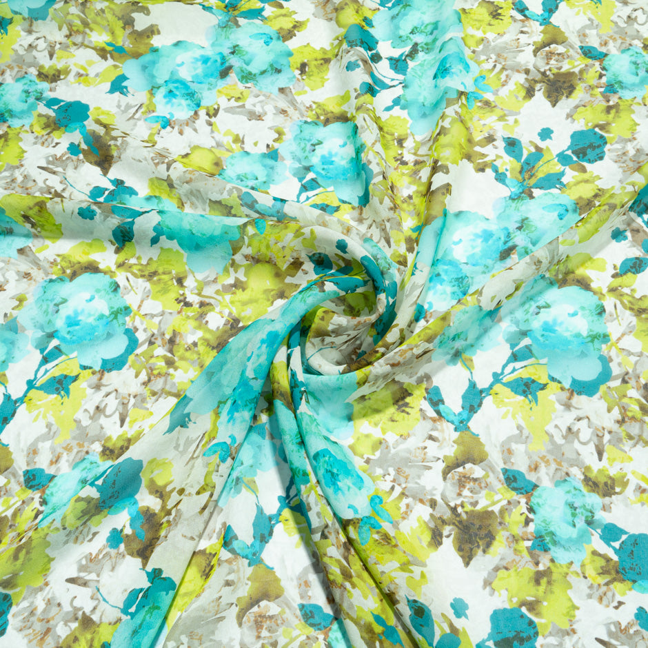 Lime & Turquoise Floral Printed Silk Georgette