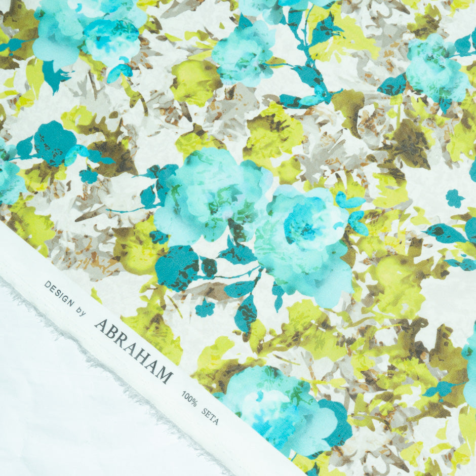Lime & Turquoise Floral Printed Silk Georgette