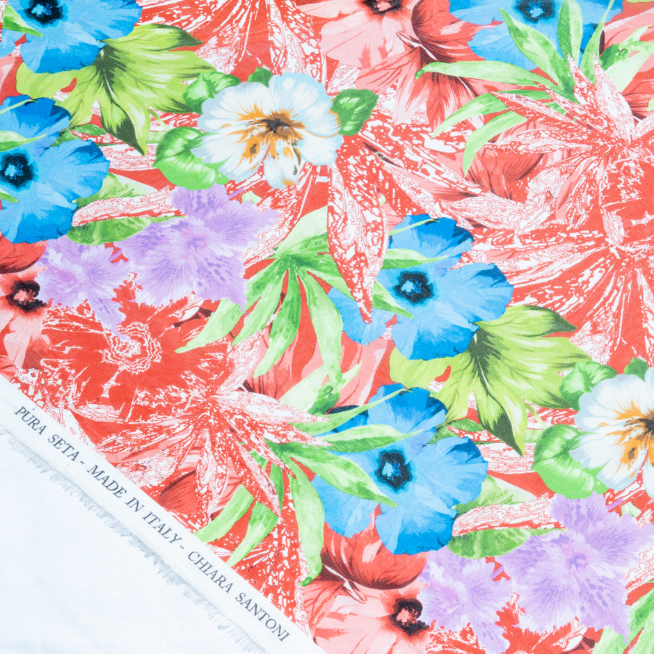 Multi Floral Printed Red Pure Silk Georgette