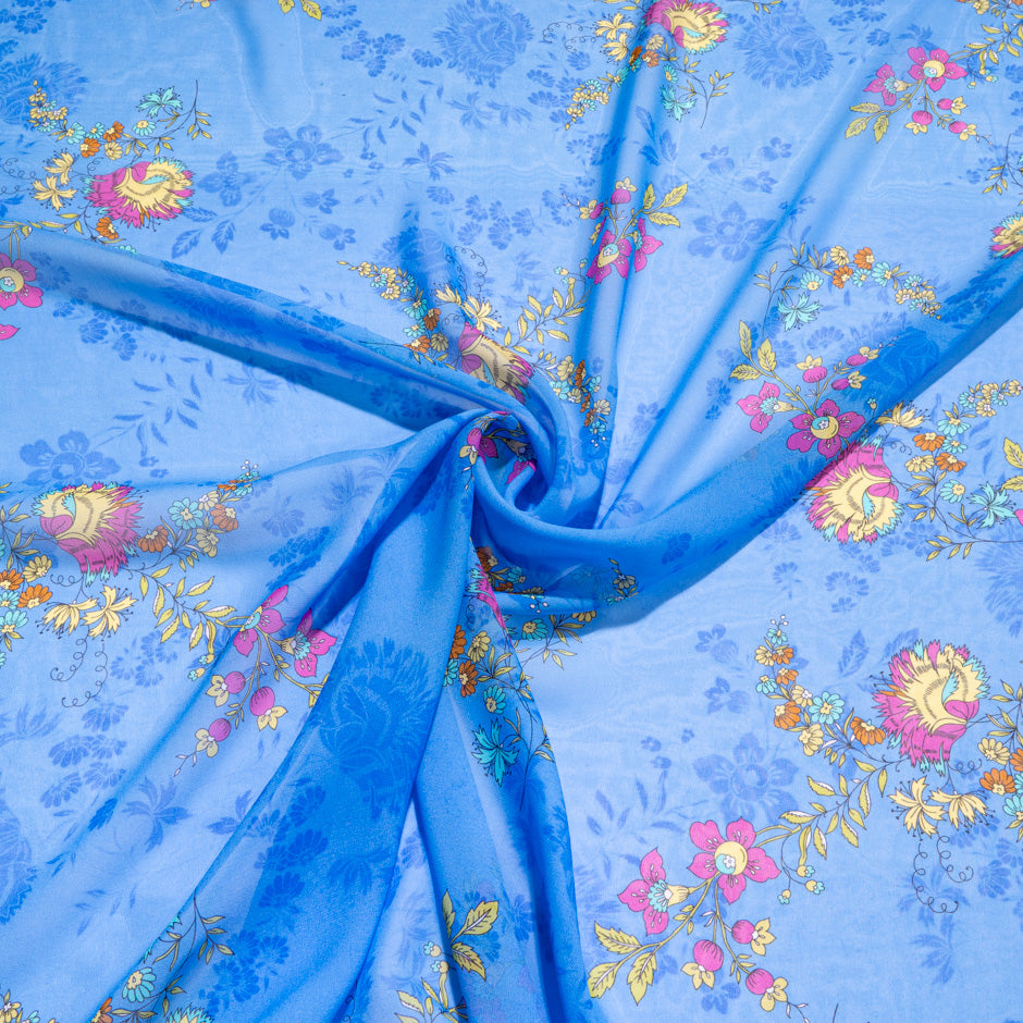 Pink & Yellow Floral Printed Pure Silk Georgette