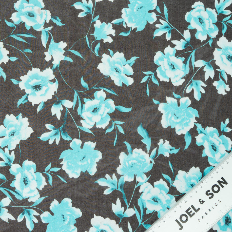 Turquoise Floral Printed Black Pure Silk Georgette