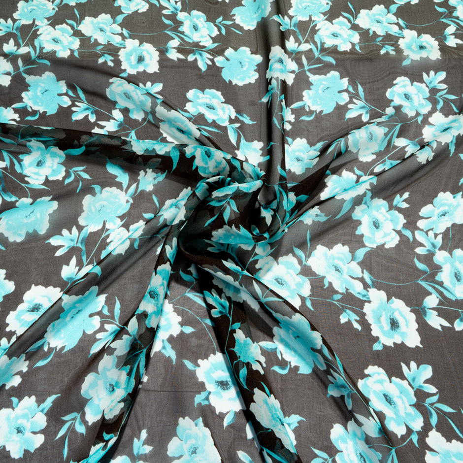 Turquoise Floral Printed Black Pure Silk Georgette