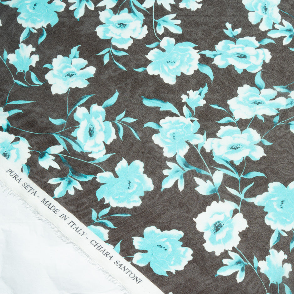 Turquoise Floral Printed Black Pure Silk Georgette