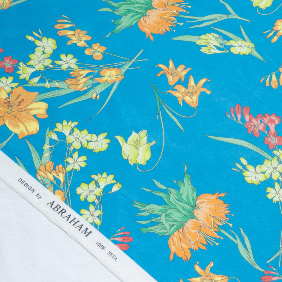 Multi-Coloured Floral Printed Blue Silk Georgette