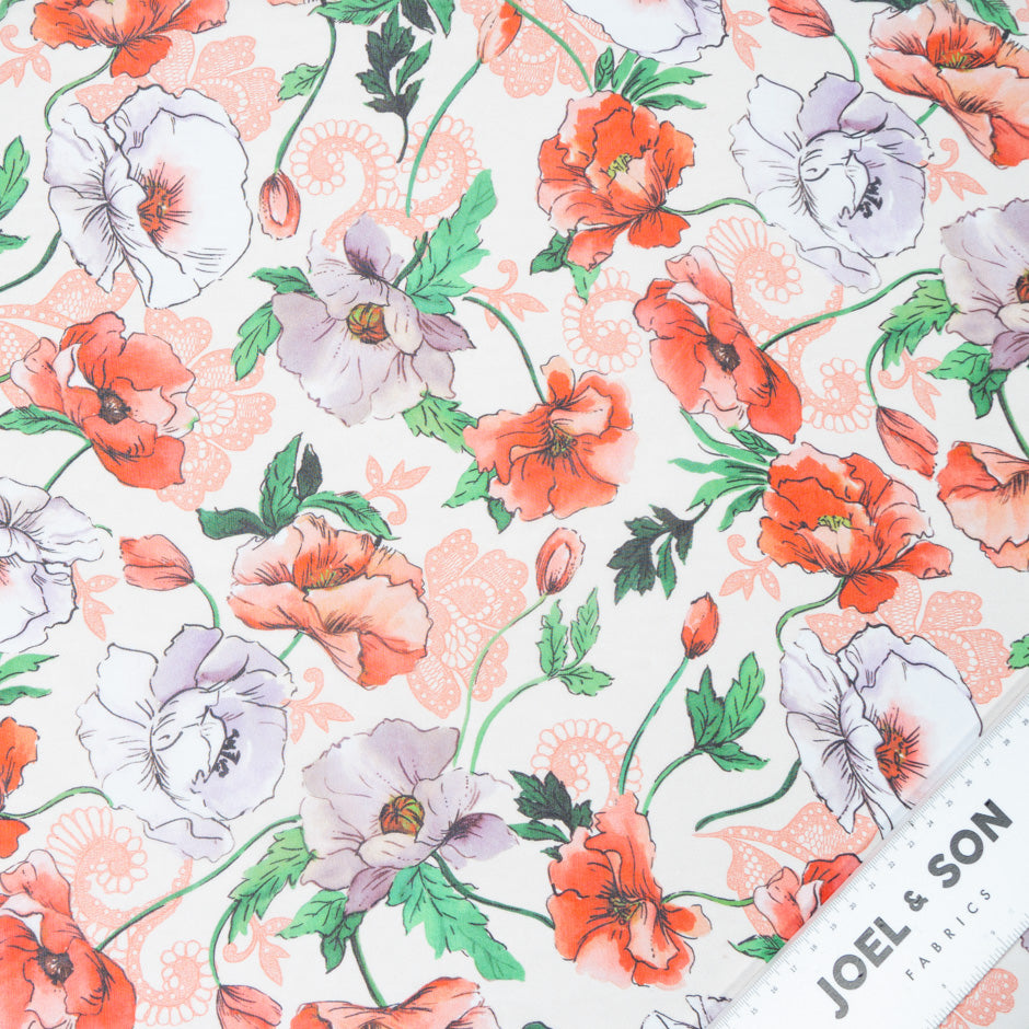 Lilac & Red Poppy Printed Pure Silk Georgette