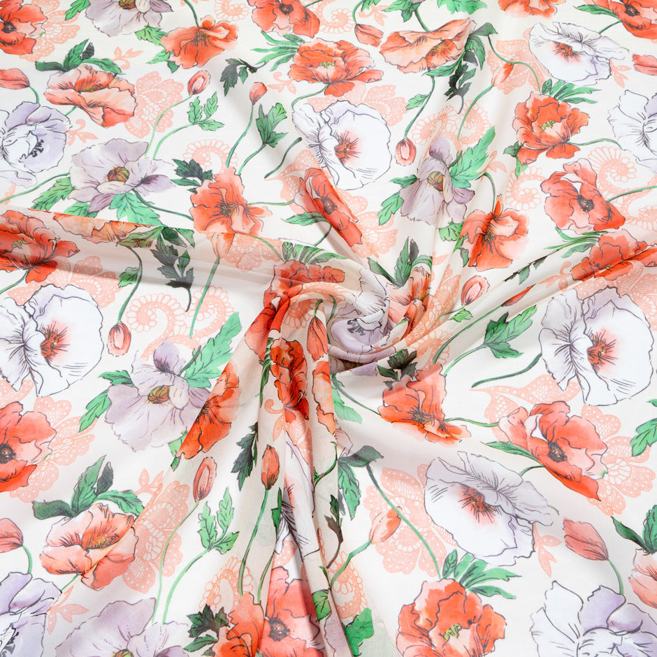 Lilac & Red Poppy Printed Pure Silk Georgette