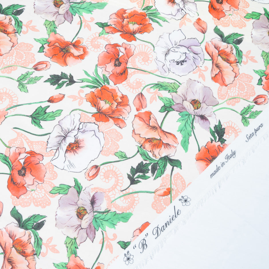 Lilac & Red Poppy Printed Pure Silk Georgette