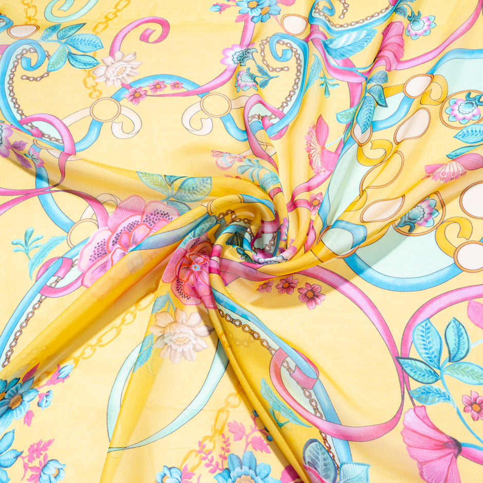 Floral & Ribbon Printed Yellow Silk Georgette