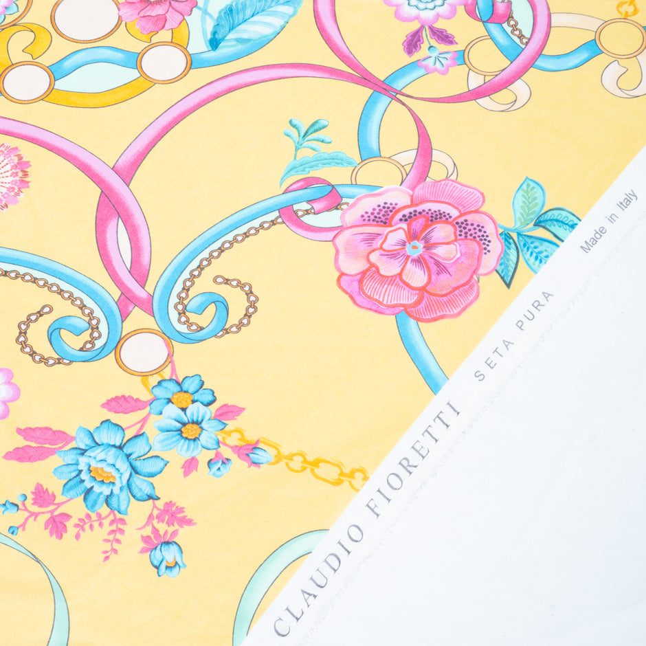 Floral & Ribbon Printed Yellow Silk Georgette