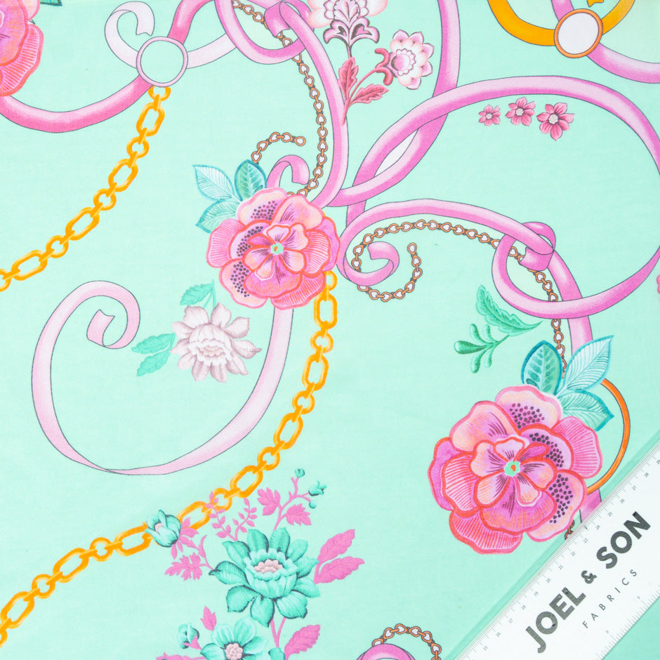Floral & Ribbon Printed Mint Green Silk Georgette