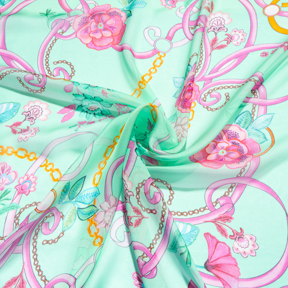 Floral & Ribbon Printed Mint Green Silk Georgette
