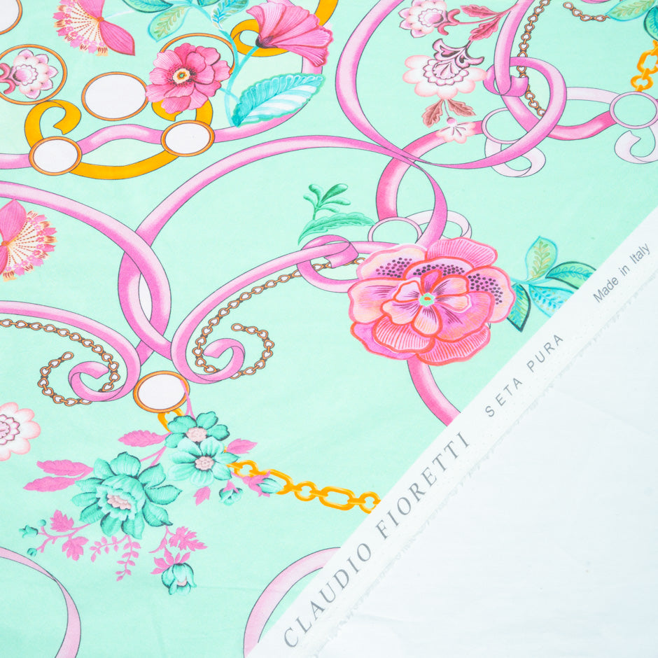 Floral & Ribbon Printed Mint Green Silk Georgette